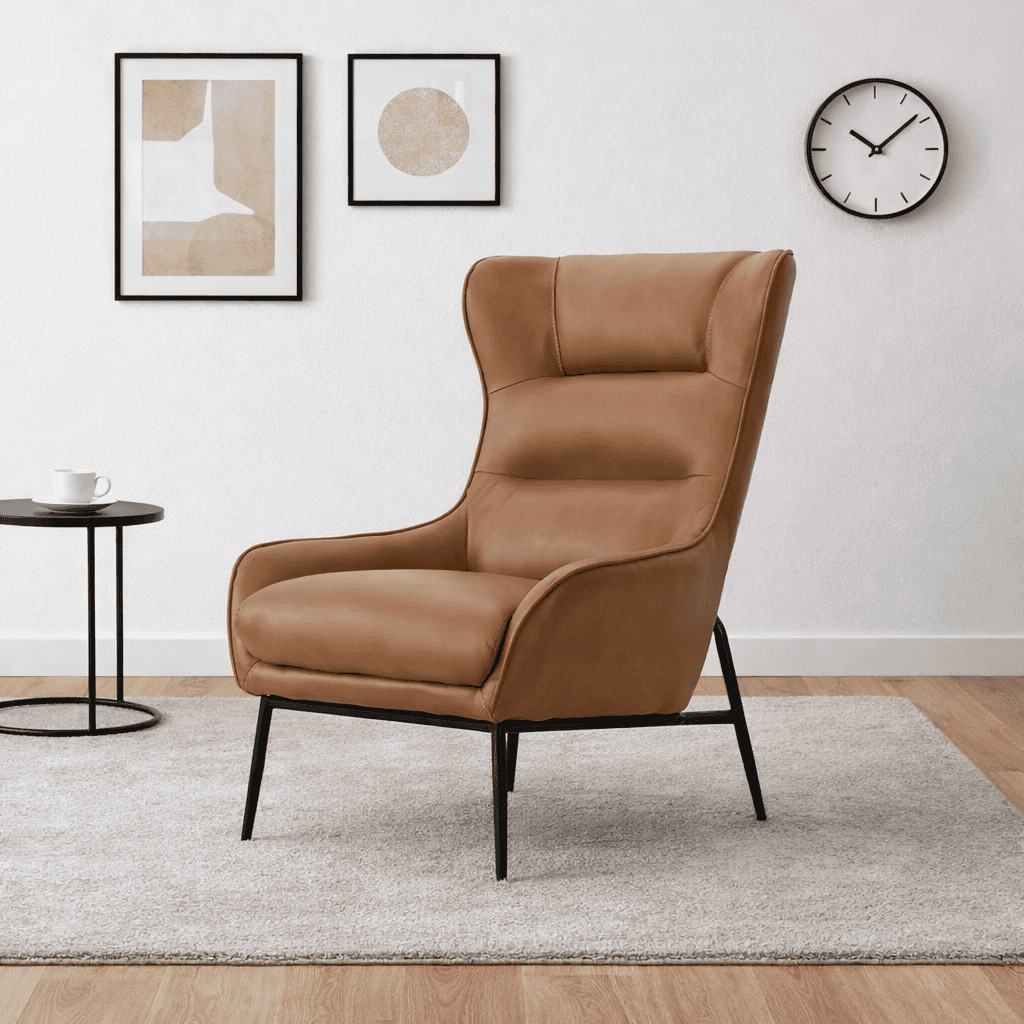 Verona Accent Chair in tan faux leather with black metal legs for modern living room decor.