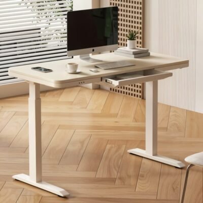 White Smart Adjustable Office Desk with Secure Fingerprint Lock Drawer and Wireless Charging for Home Office