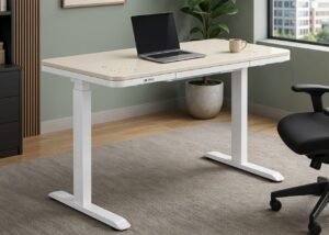 Premium 120cm White Electric Height Adjustable Standing Desk with Bluetooth Speakers, Fingerprint Drawer and Dual Motor for Modern Office